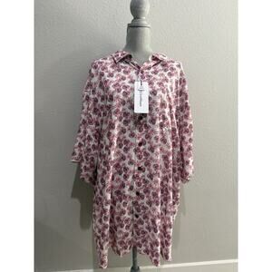 Caribbean 4XB Pink Leaf Print Short Sleeve Button Up